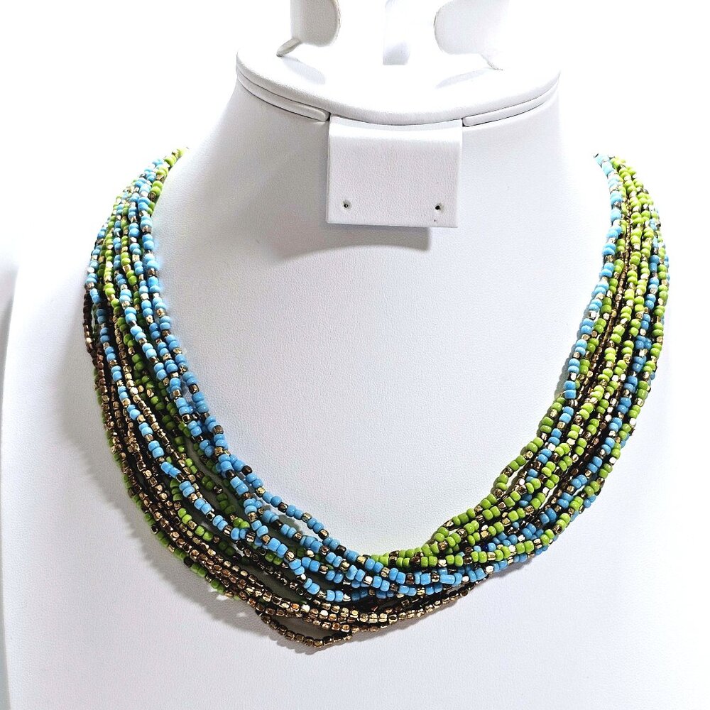 Boho Multi-Strand Seed Bead Necklace – Earth Tones & Sky Blue, Layered Statement